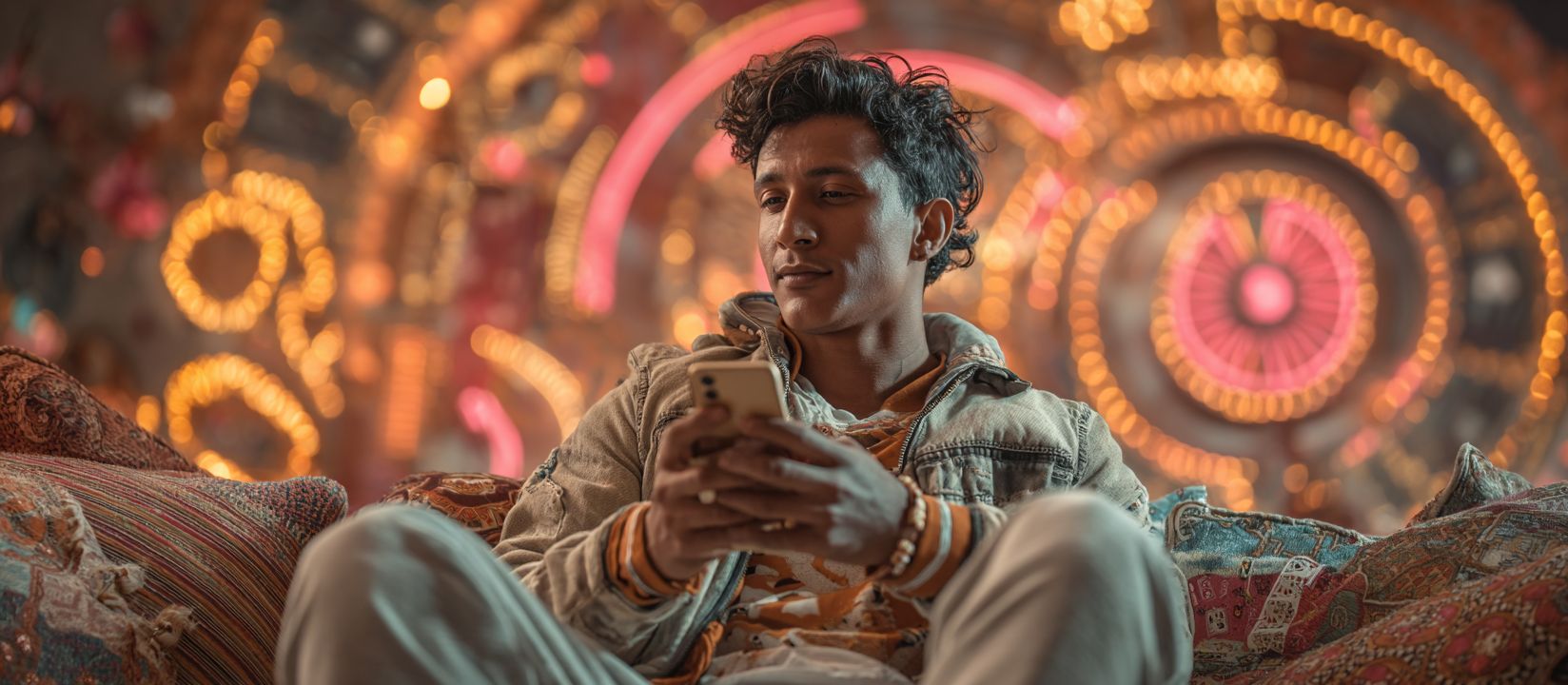 A young man sits on a couch with a phone in his hands against the bright lights of a casino