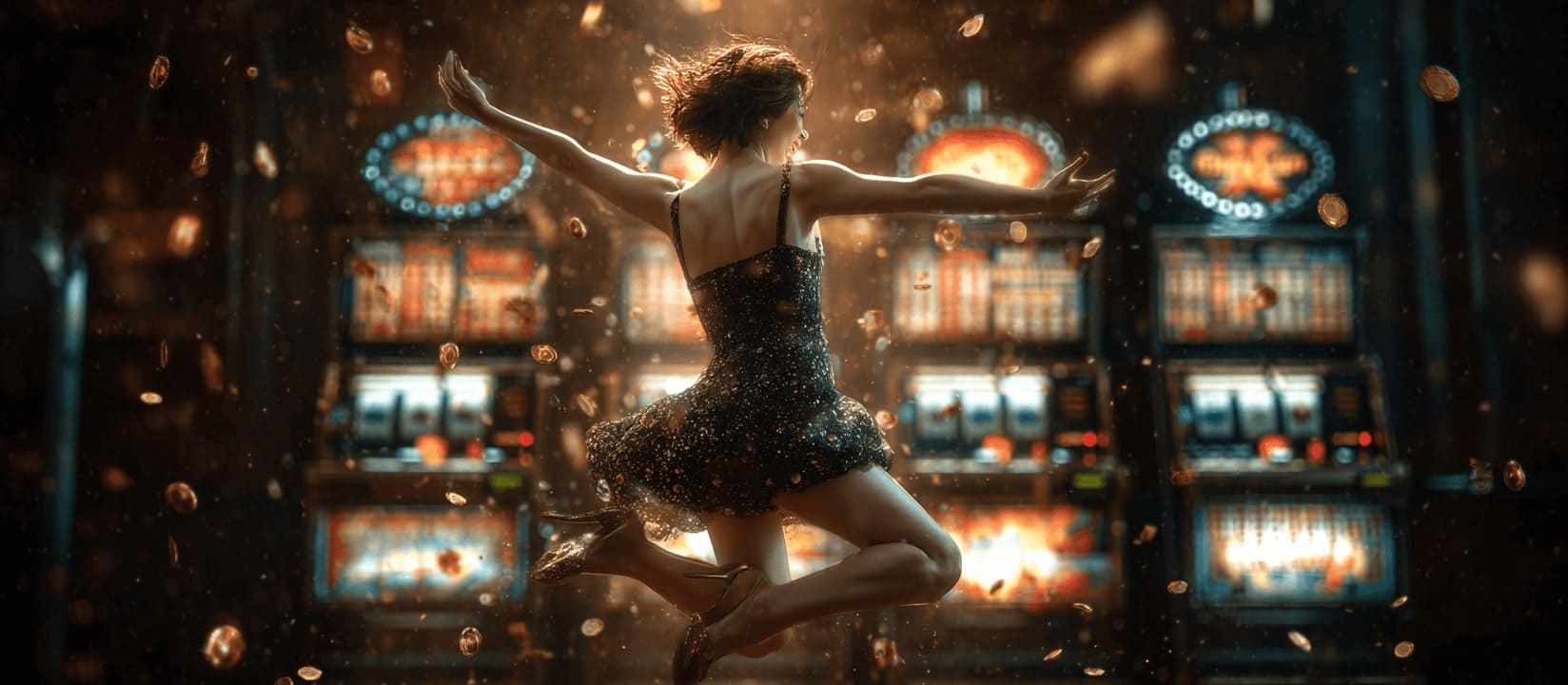 A girl in a glittery dress jumps in the air against a background of slot machines and flying gold coins rejoicing over her winnings in Aviator