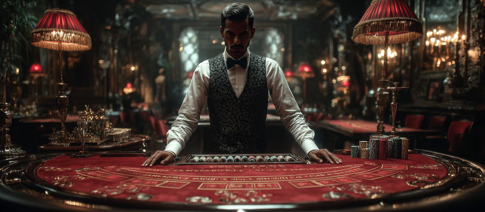 A dealer in a dinner jacket stands at a gambling table in a luxurious casino with red boughs and stacks of chips