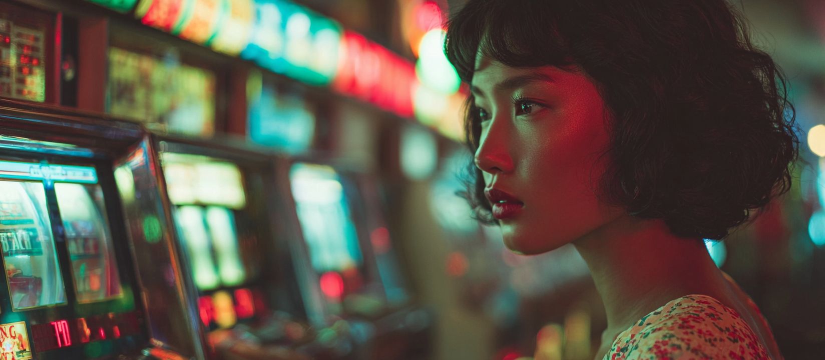 A woman with short hair plays a slot machine in a brightly lit casino