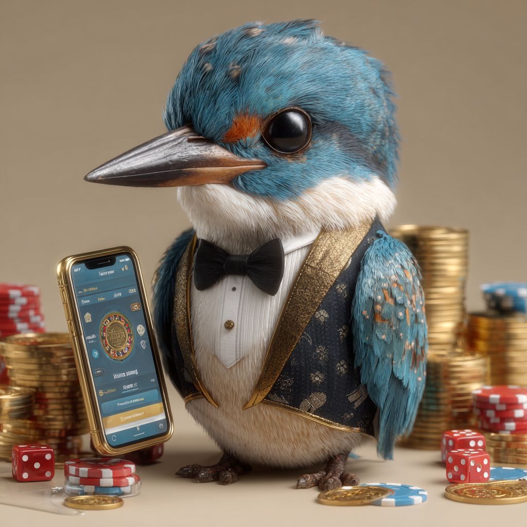 A tuxedo-clad kingfisher, the BG333 mascot, holds a smartphone with a casino app and stands among the chips and coins.