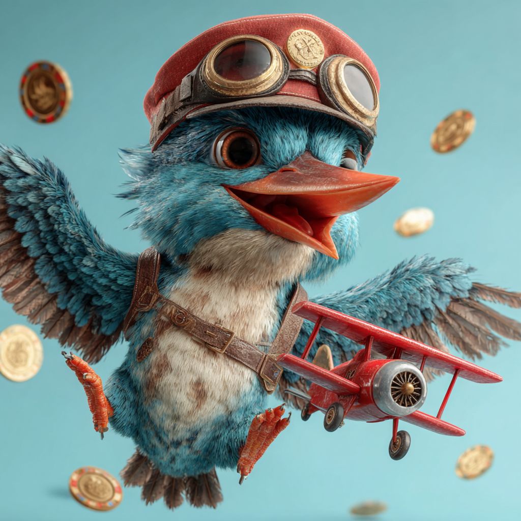 A funny kingfisher, the BG333 mascot, in a pilot's helmet flying with a red aeroplane and gold coins around him.