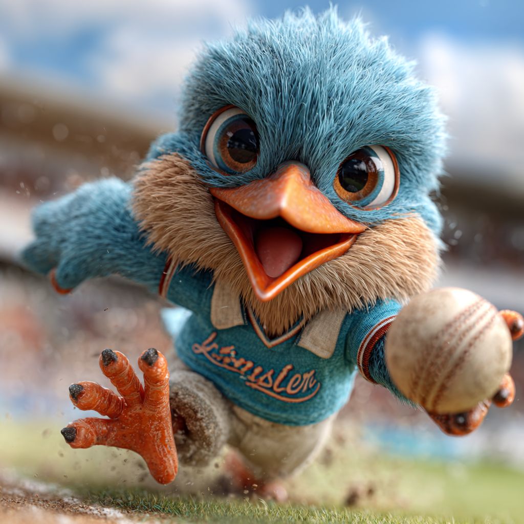 A gambling kingfisher, the BG333 mascot, in a sports uniform runs across the field with a ball in his paw.
