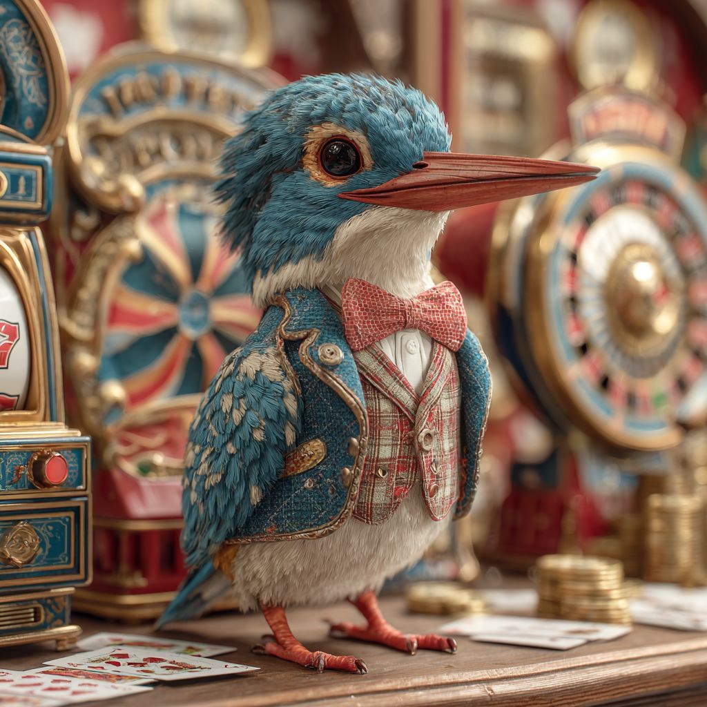 A stylish kingfisher, the BG333 mascot, in jacket and bowtie stands near the slot machines and roulette symbolising the variety of casino games.