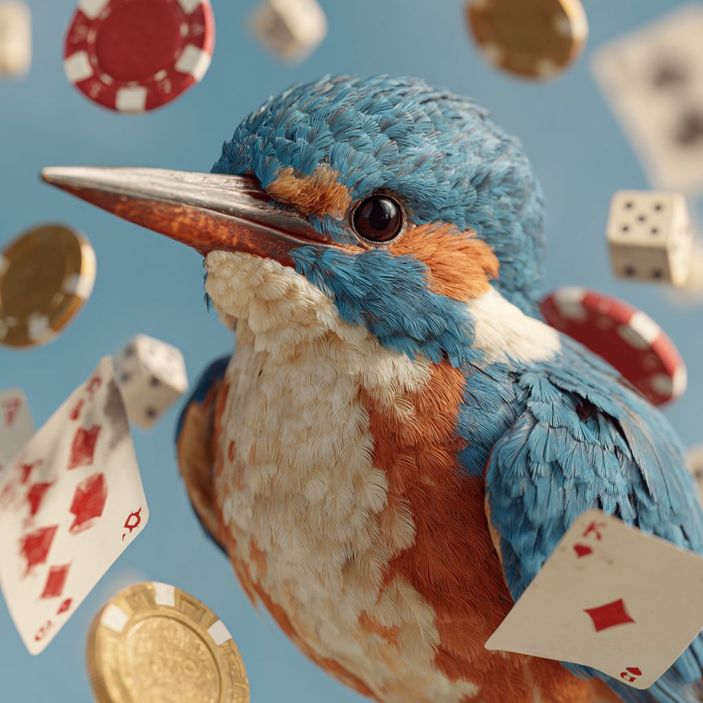 The kingfisher, the BG333 mascot, flies among the cards, chips and dice.