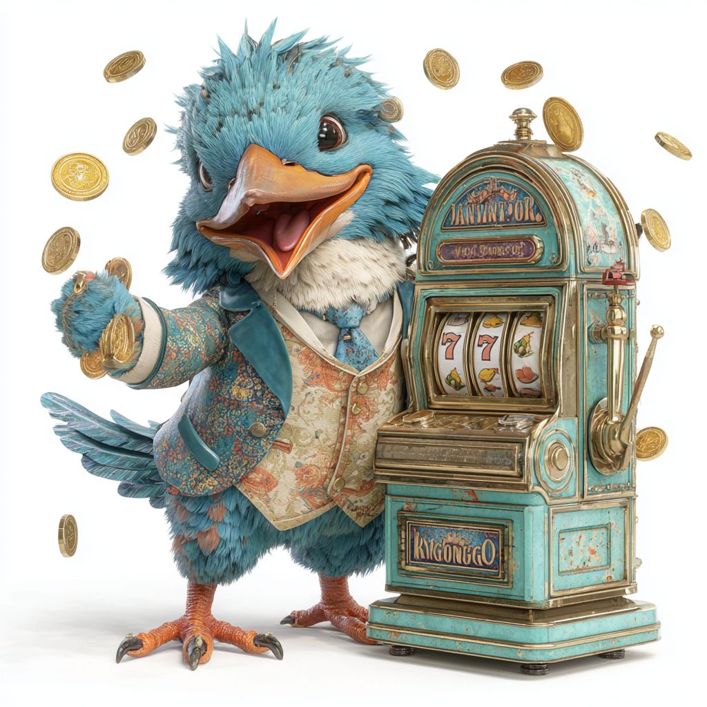 A cute kingfisher, the BG333 mascot, wearing a waistcoat and tie, smiles and flips coins next to the retro slot.