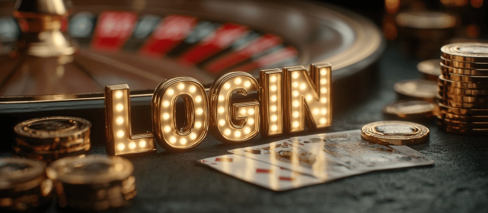 A glowing LOGIN sign amongst the gold chips and cards on the casino table