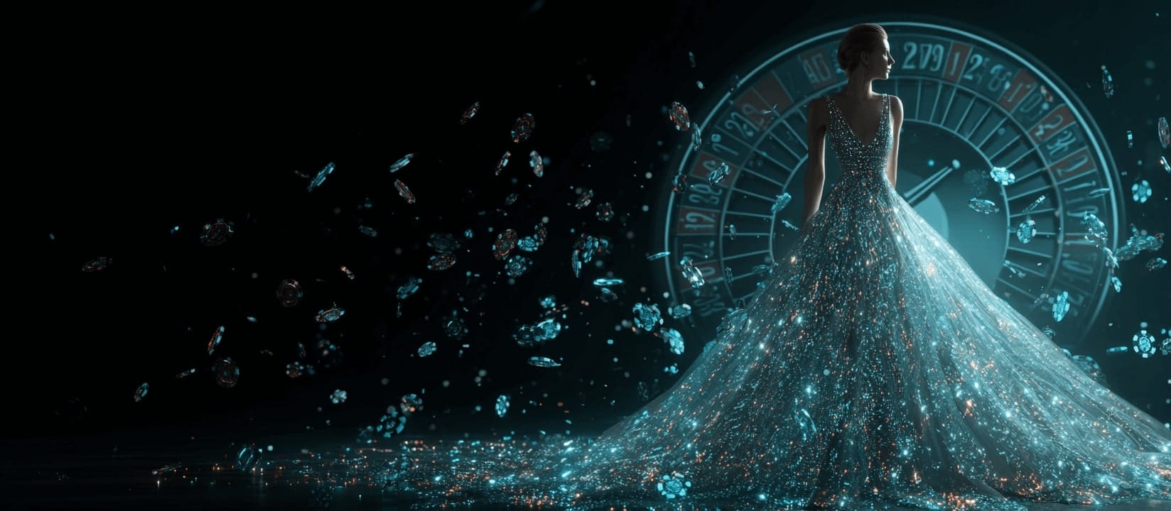 An elegant woman in a sparkling evening gown stands in front of a roulette wheel, casino chips floating around her