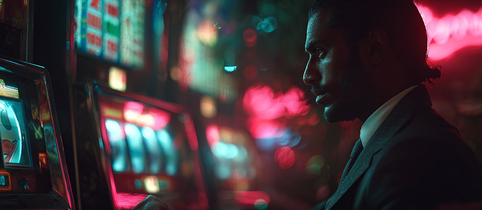 A man in a suit concentrates on playing a slot machine in a neon-lit casino