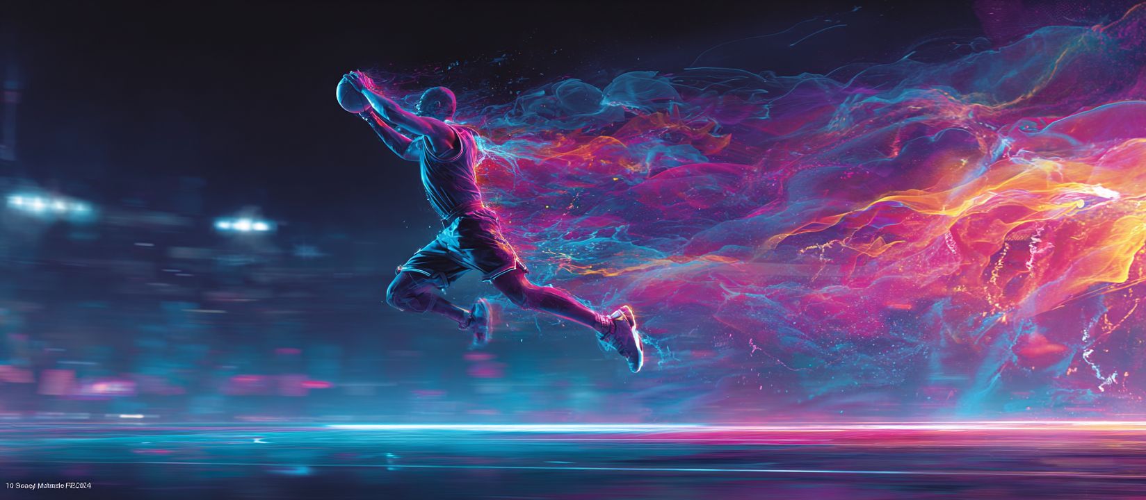 Neon illustration of a basketball player jumping with a ball against a background of bright colourful streams